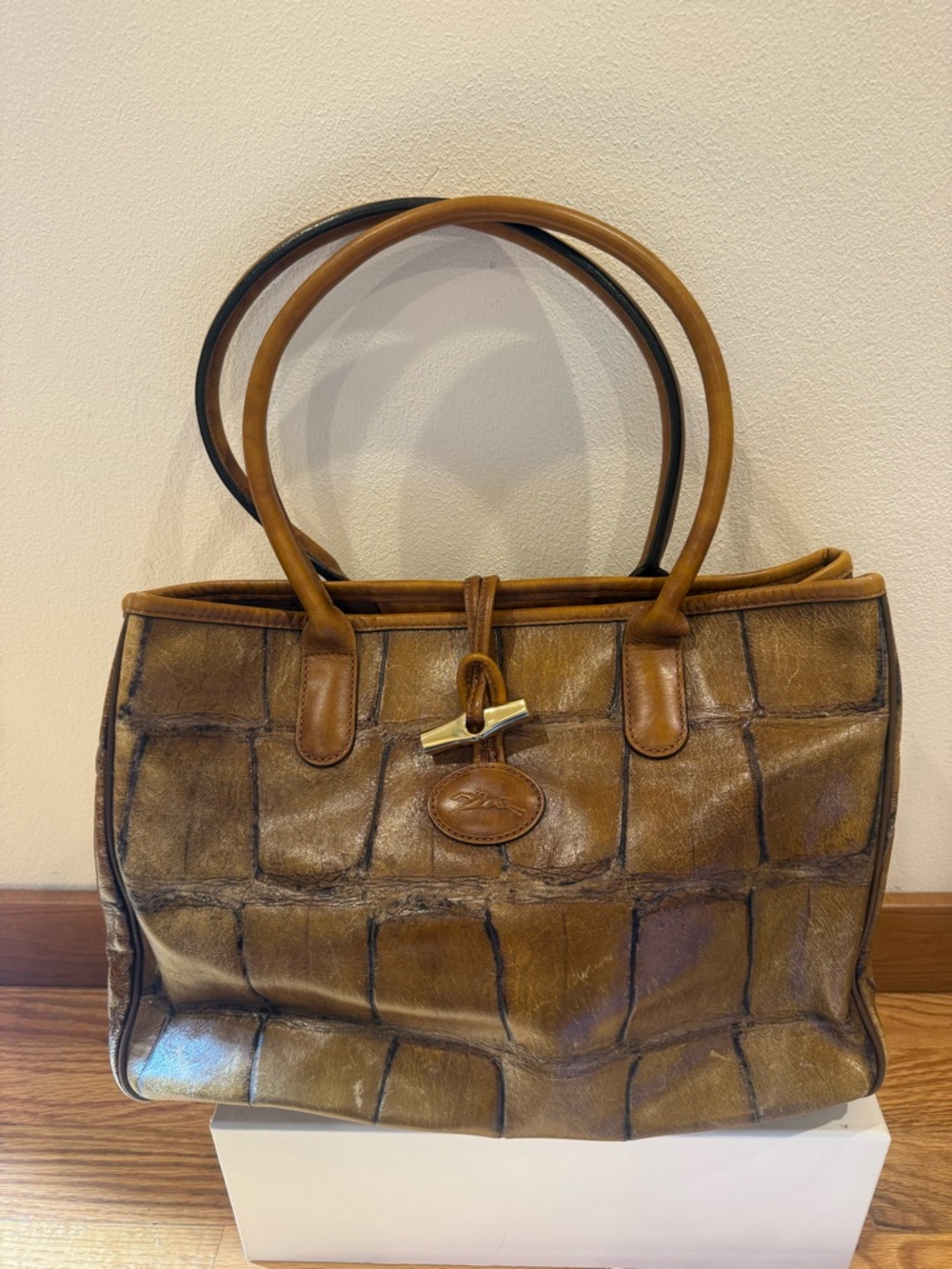 Longchamp Roseau Croc Embossed Leather Top Handle Bag Tote Vintage